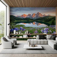 Living room featuring the alpine glow reflection wall mural full-width
