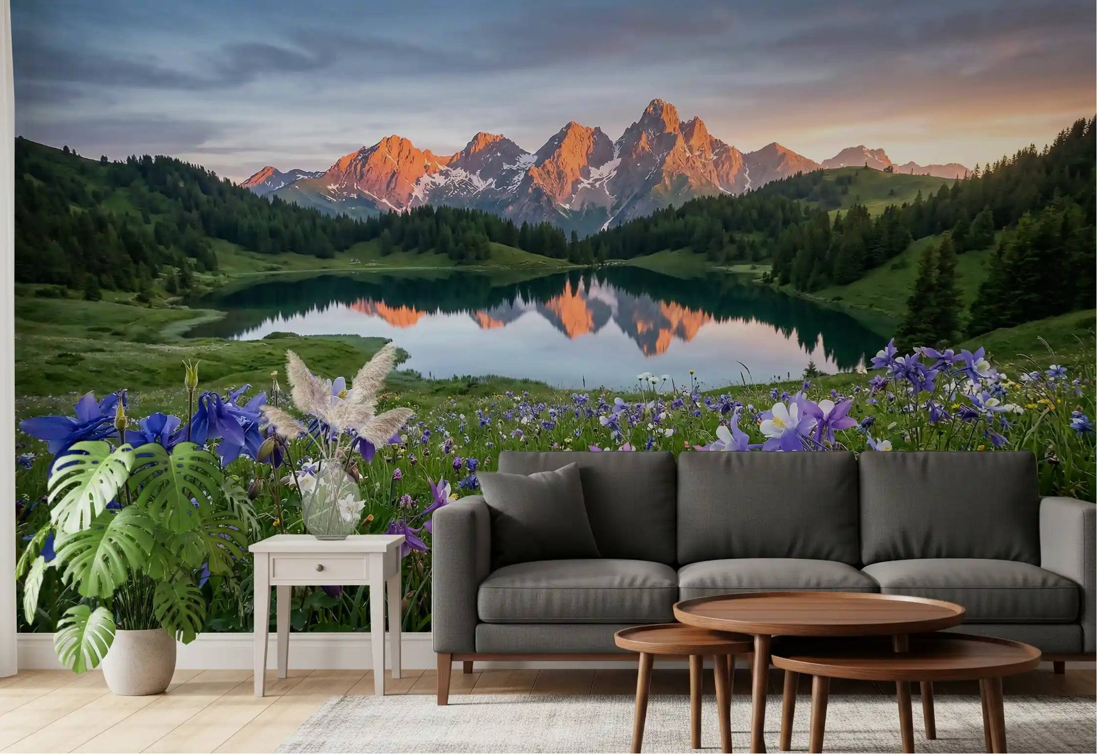 Alpine Glow Mountain Lake Wildflower Reflection Wall Mural