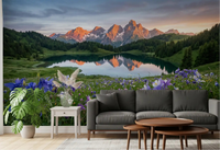 Alpine Glow wall mural as the centrepiece of an open living room