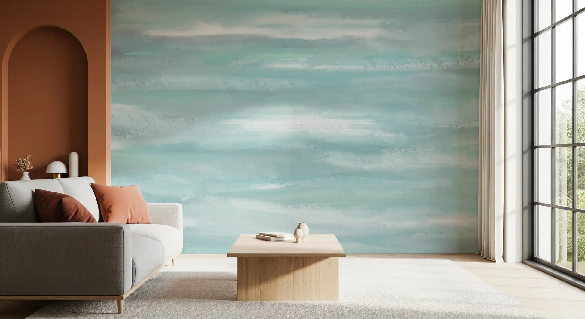 Mint and white band detail through the centre of the Horizon Strokes wall mural