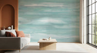 Mint and white band detail through the centre of the Horizon Strokes wall mural