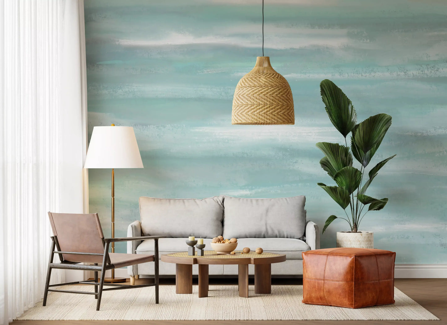 Aqua Horizon Strokes wall mural filling a Living room in soft seafoam and white