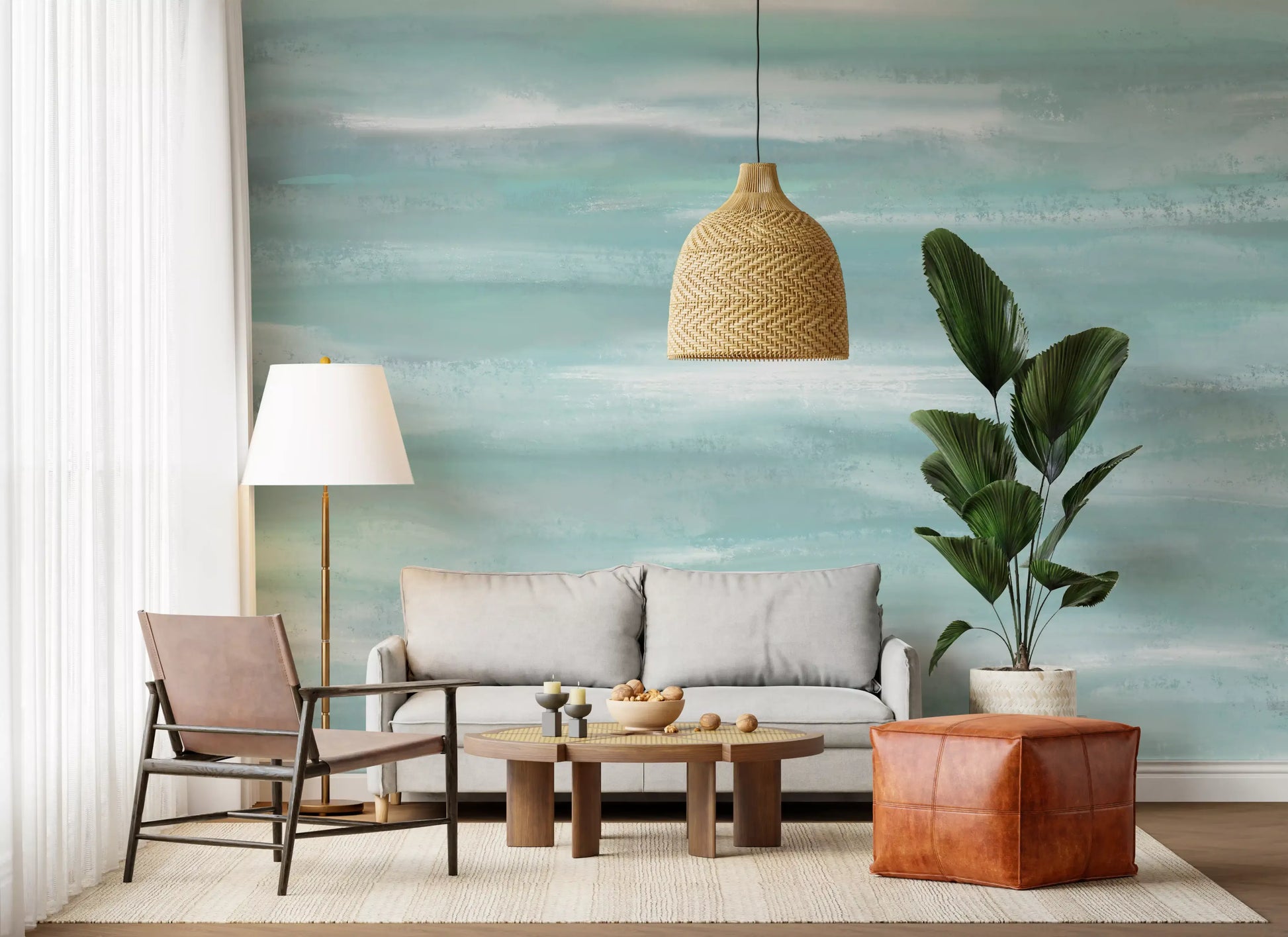 Aqua Horizon Strokes wall mural filling a Living room in soft seafoam and white
