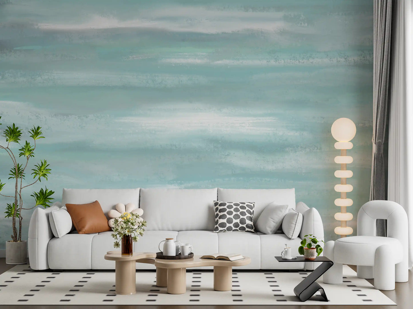 Horizon Strokes wall mural behind a bright living room in pale aqua layers