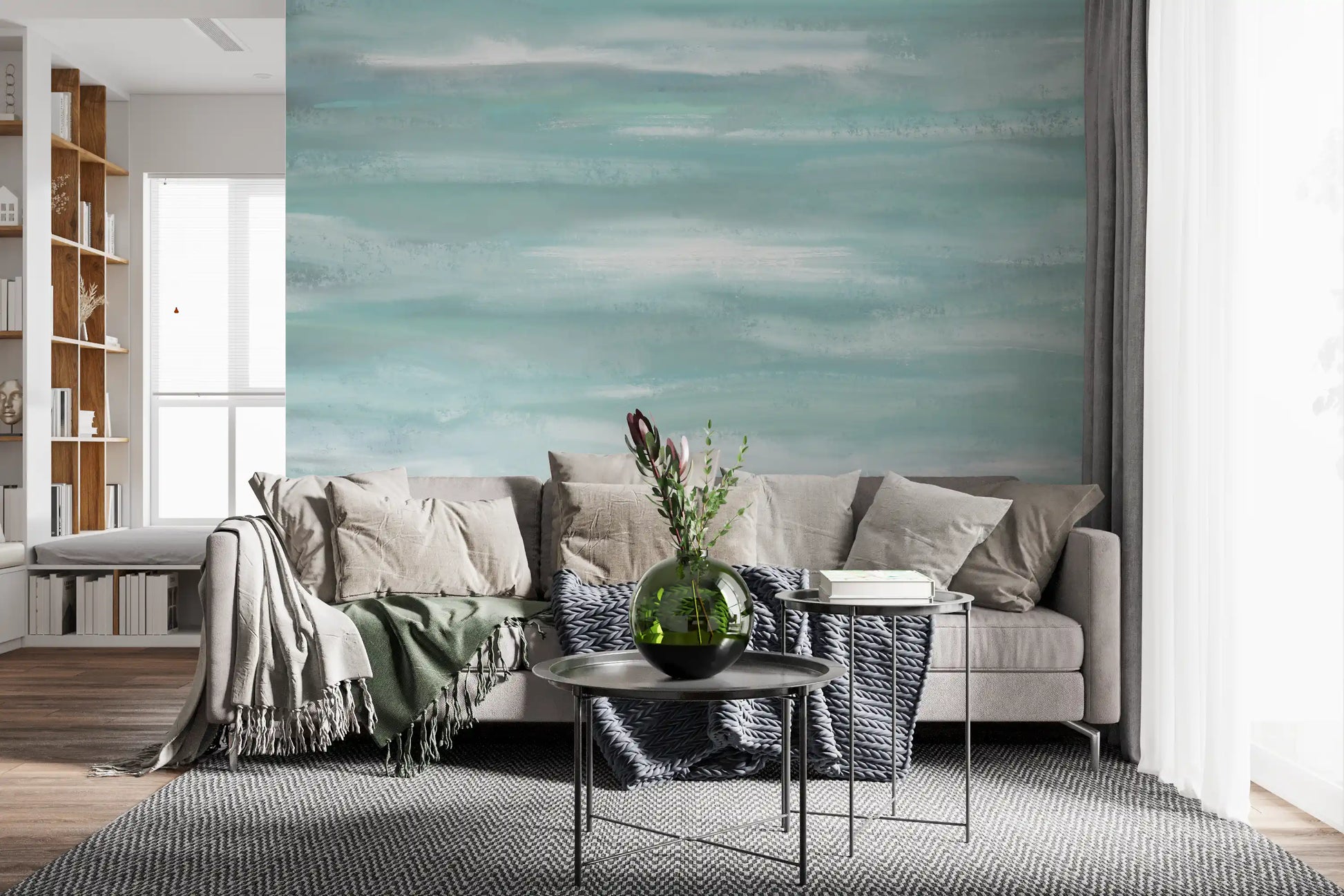 Pale aqua outer edge of the Aqua Horizon Strokes wall mural in tonal layers