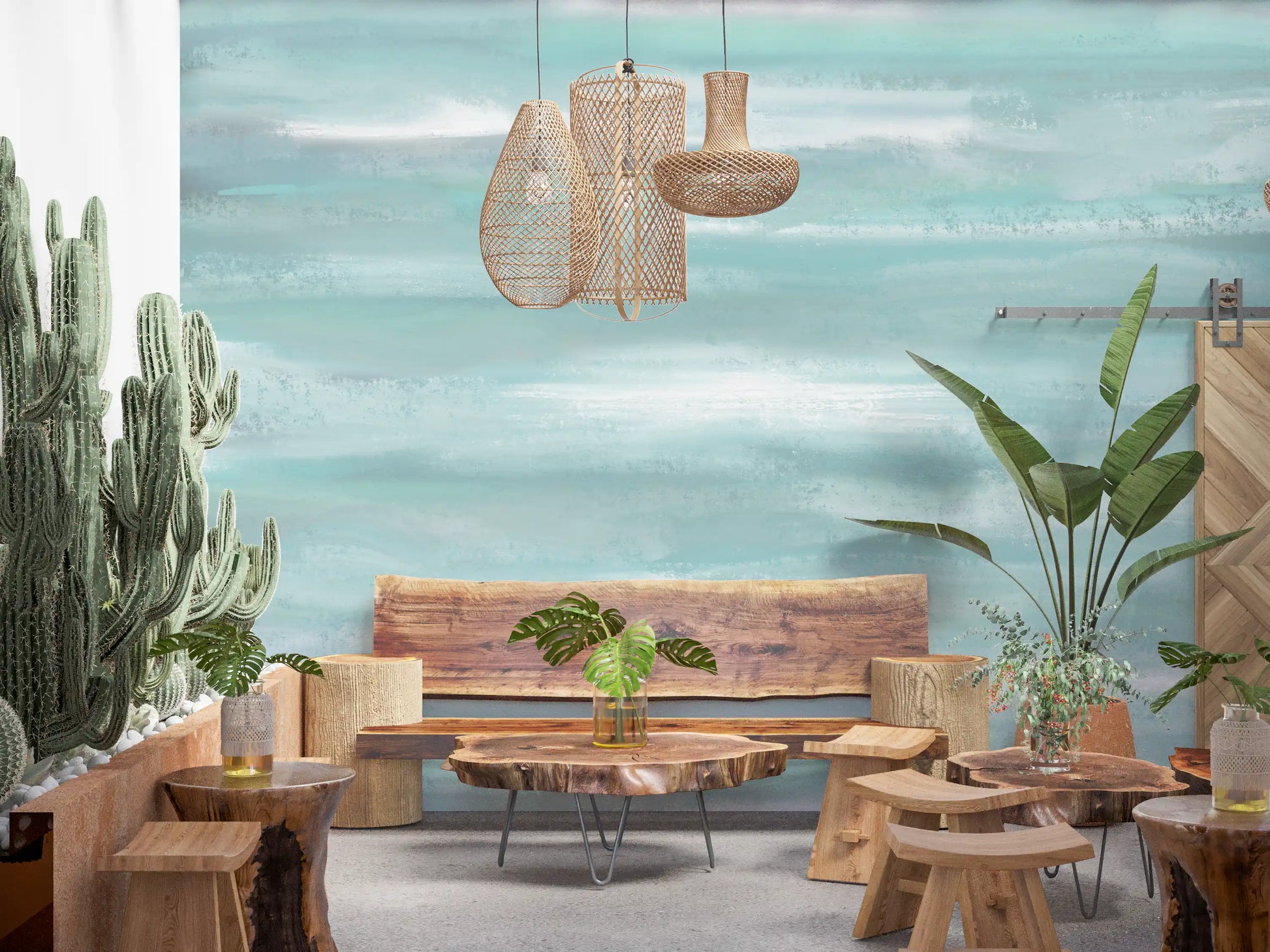 Soft horizontal brushstrokes across the Aqua Horizon wall mural surface