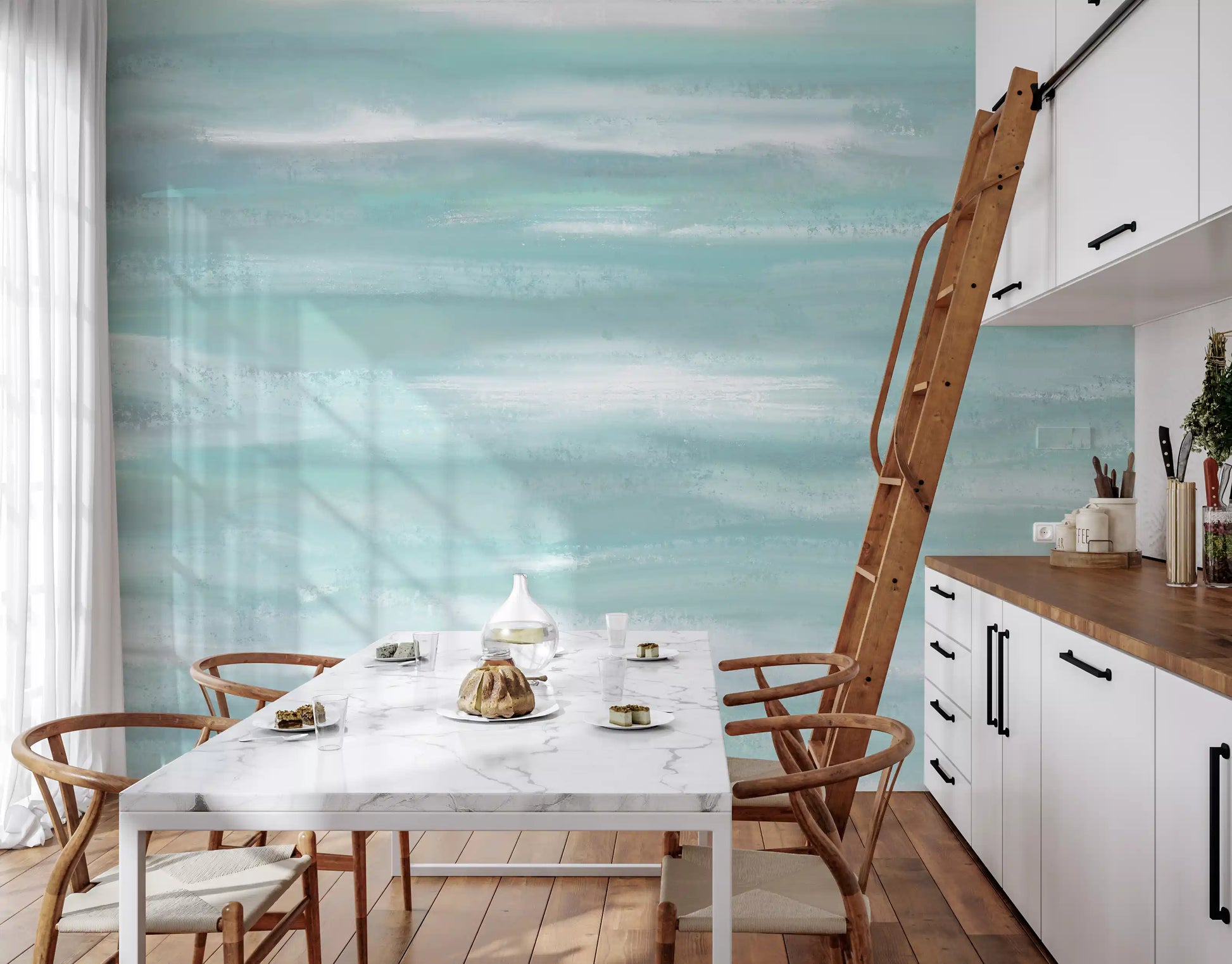 Aqua watercolour wall mural in a kitchen with horizontal teal brushstroke bands