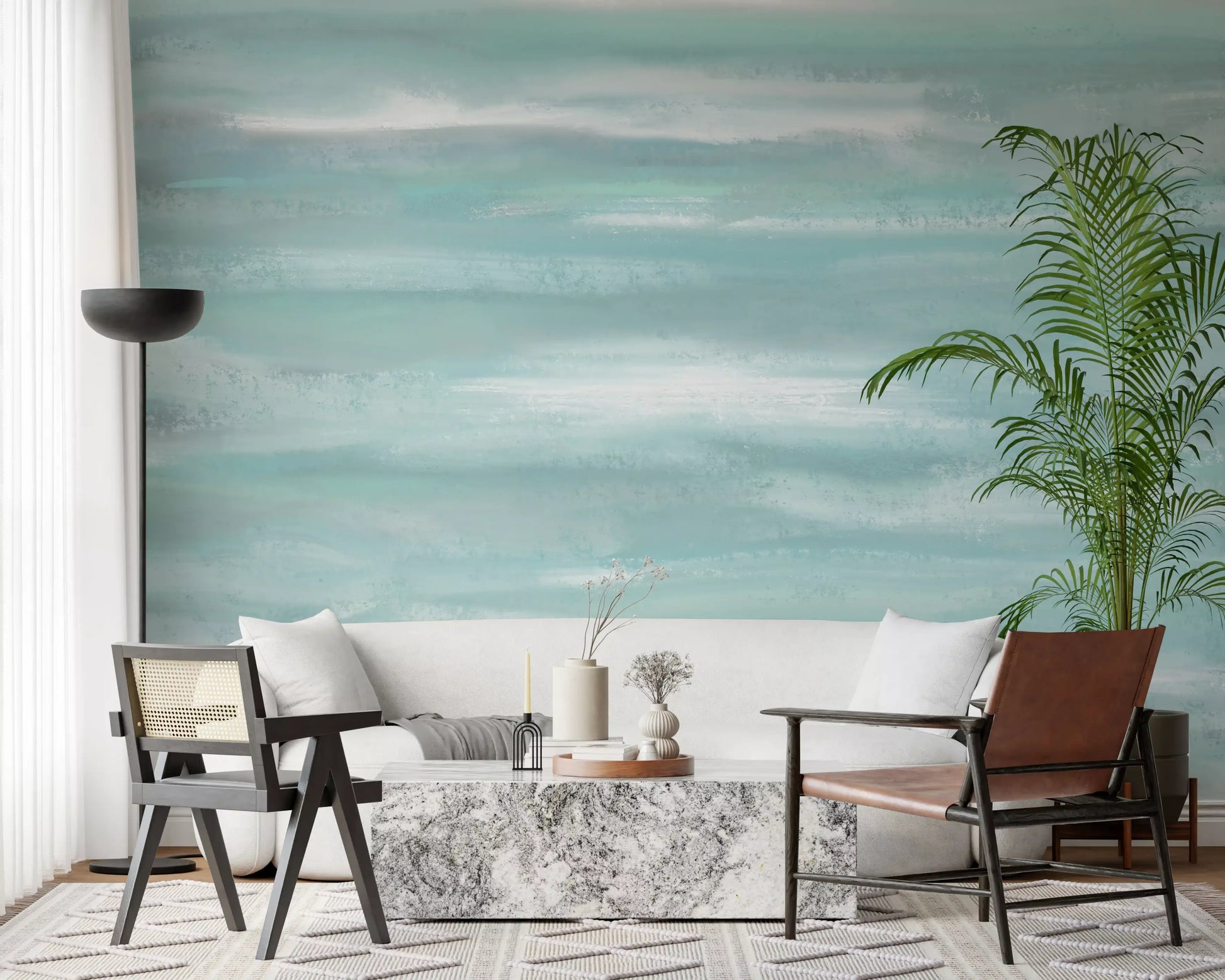 Teal brushstroke wall mural across a lounge in calm aqua and pale mint tones