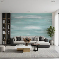 Brushstroke aqua wall mural spanning a living room in coastal mint tones