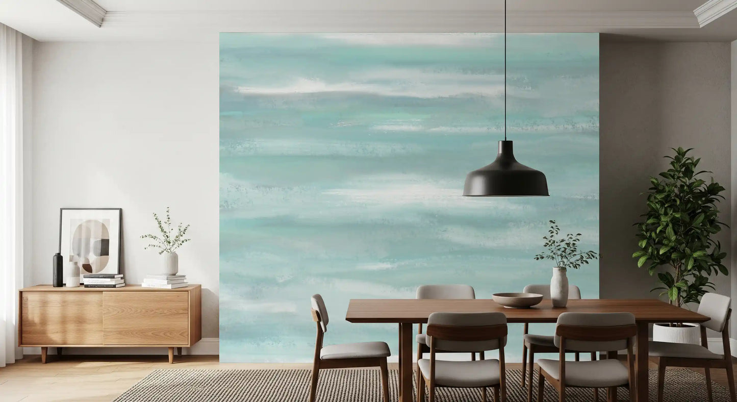 Full view of Aqua Horizon Strokes wall mural in layered teal and white