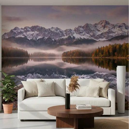 Alpenglow Lake Reflection wall mural displayed in an open living room