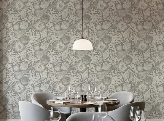 Papel pintado bohemio con conchas marinas y coral gris