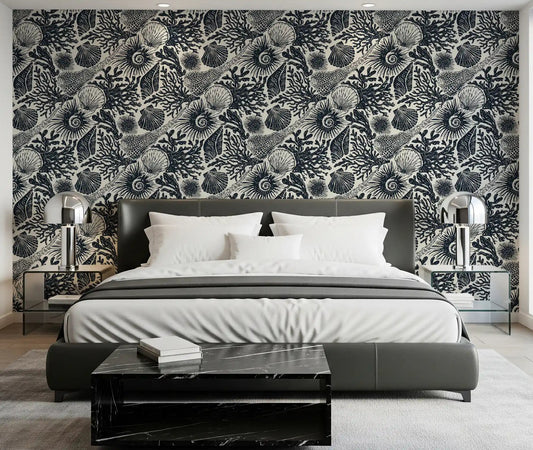 Seashell Coral wallpaper covering a bedroom feature surface in midnight navy