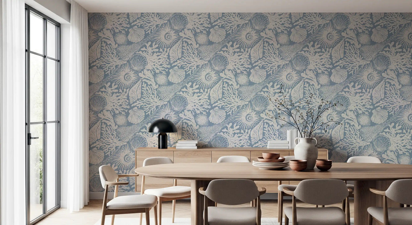 Boho Muschel & Koralle Off-White auf Azur Tapete⁠