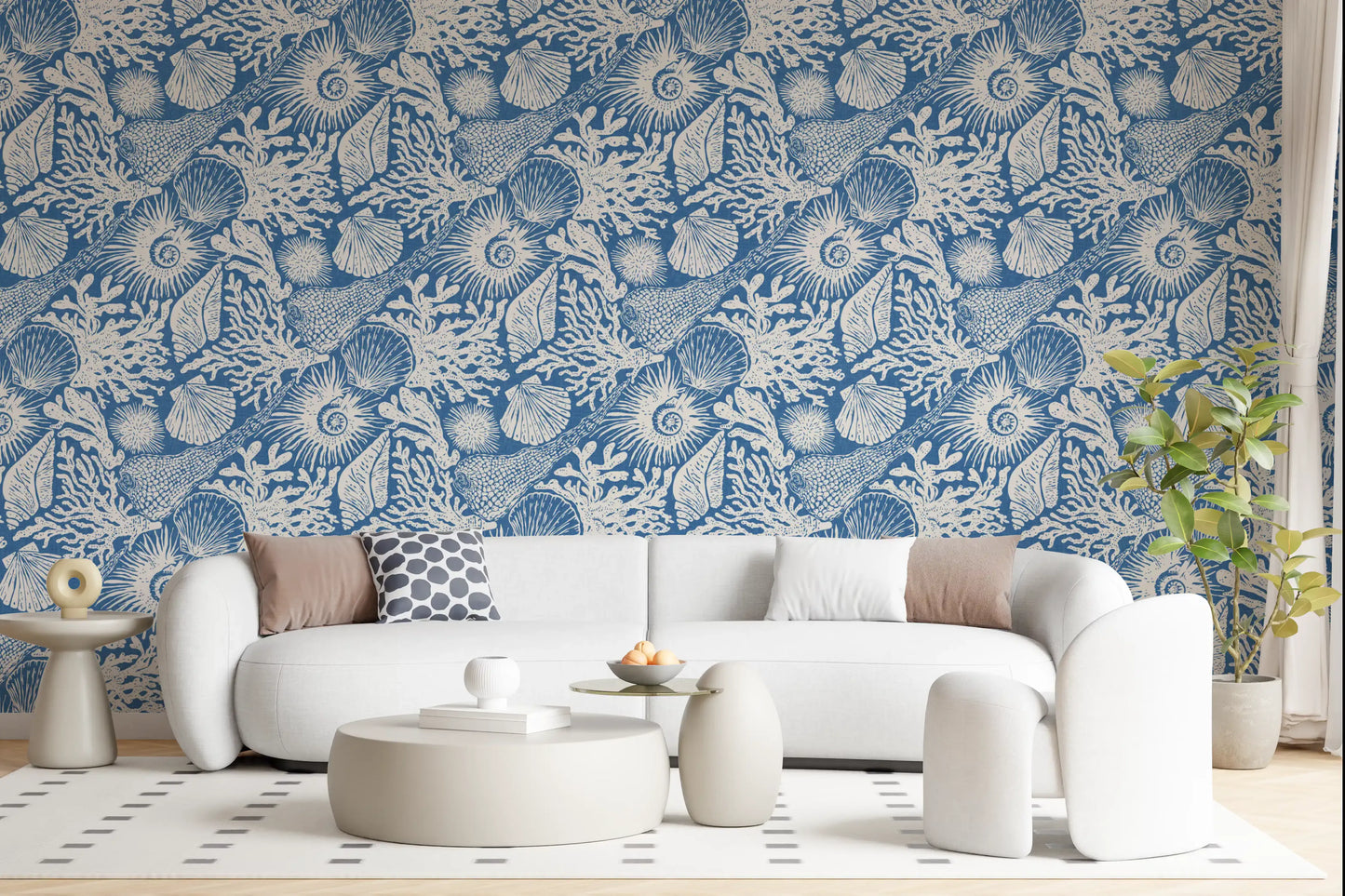 Boho Muschel- & Korallen-Tapete in Denimblau