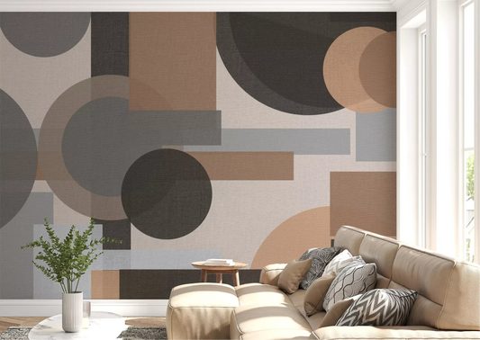 Living room wallpaper feature with Earthy Geometric Harmony abstract wall mural behind bed