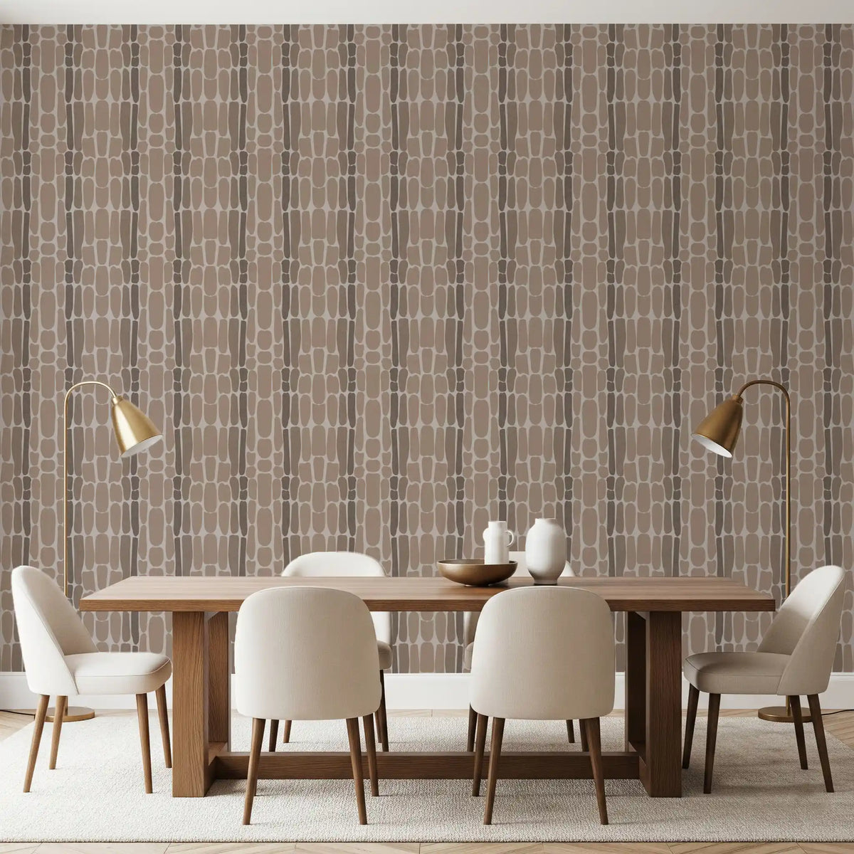 Warm dining room feature with organic stone mosaic wallpaper in beige and brown