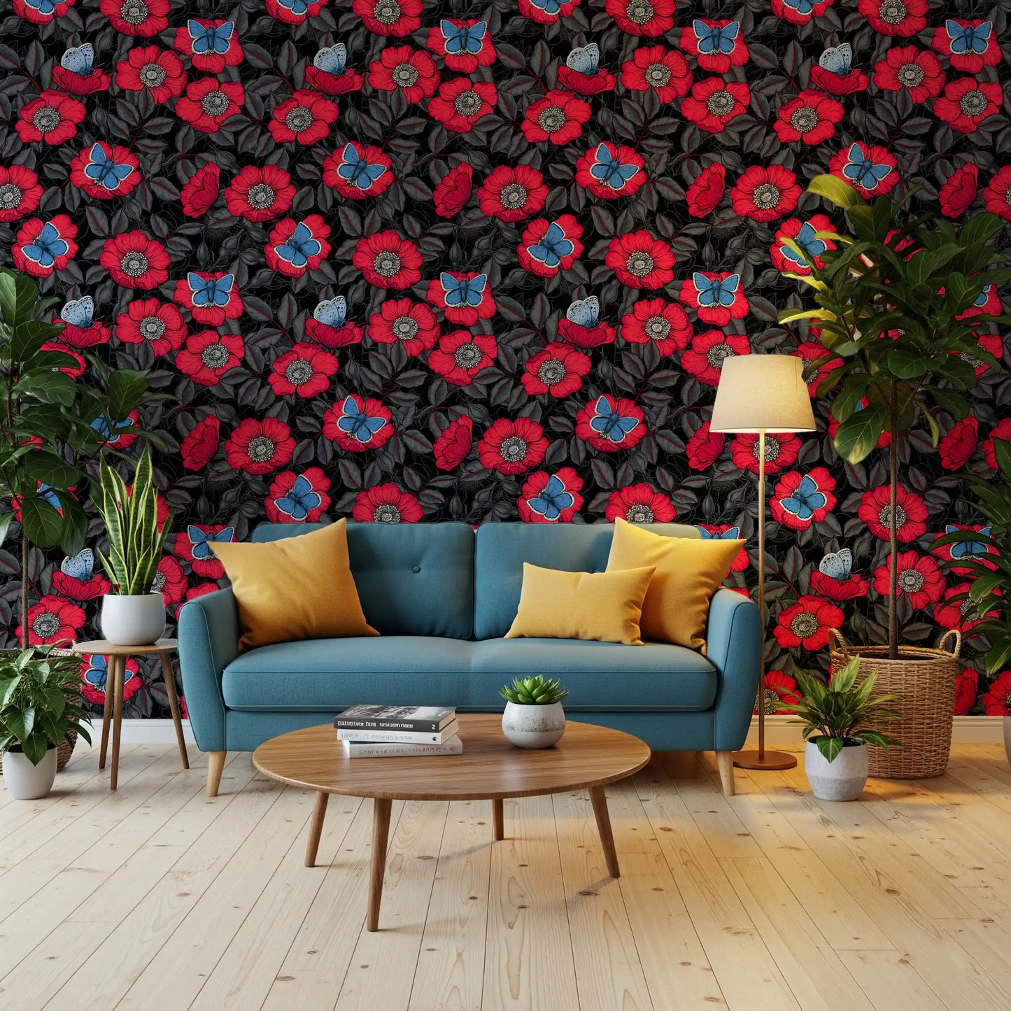 Bright living room backed by bold floral wallpaper in red and charcoal tones