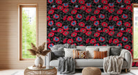 Cosy living room corner styled with red and blue floral line art wallpaper