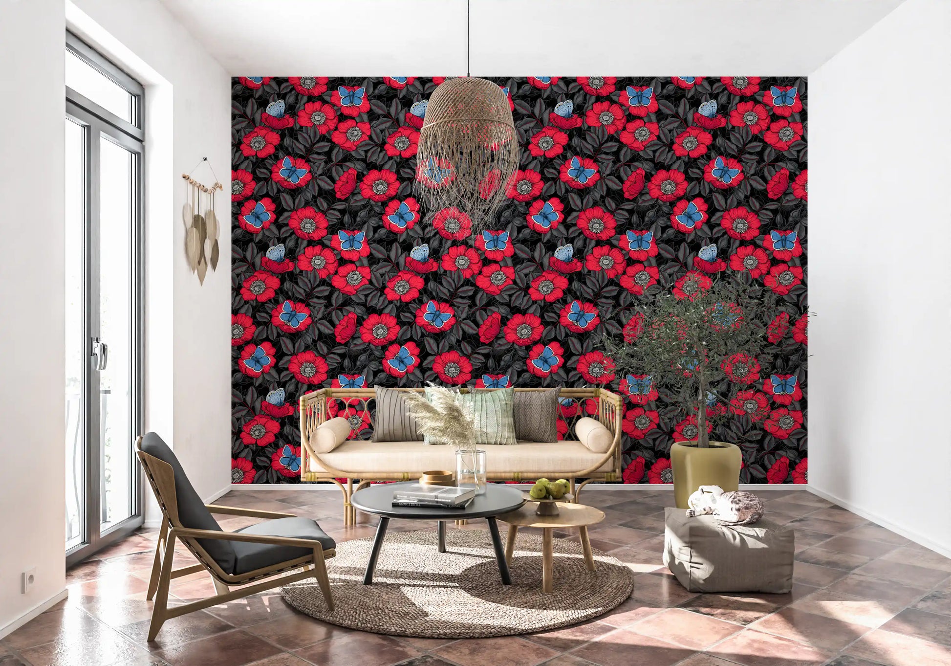 Hand-illustrated red blooms paired with blue butterflies on dark floral wallpaper