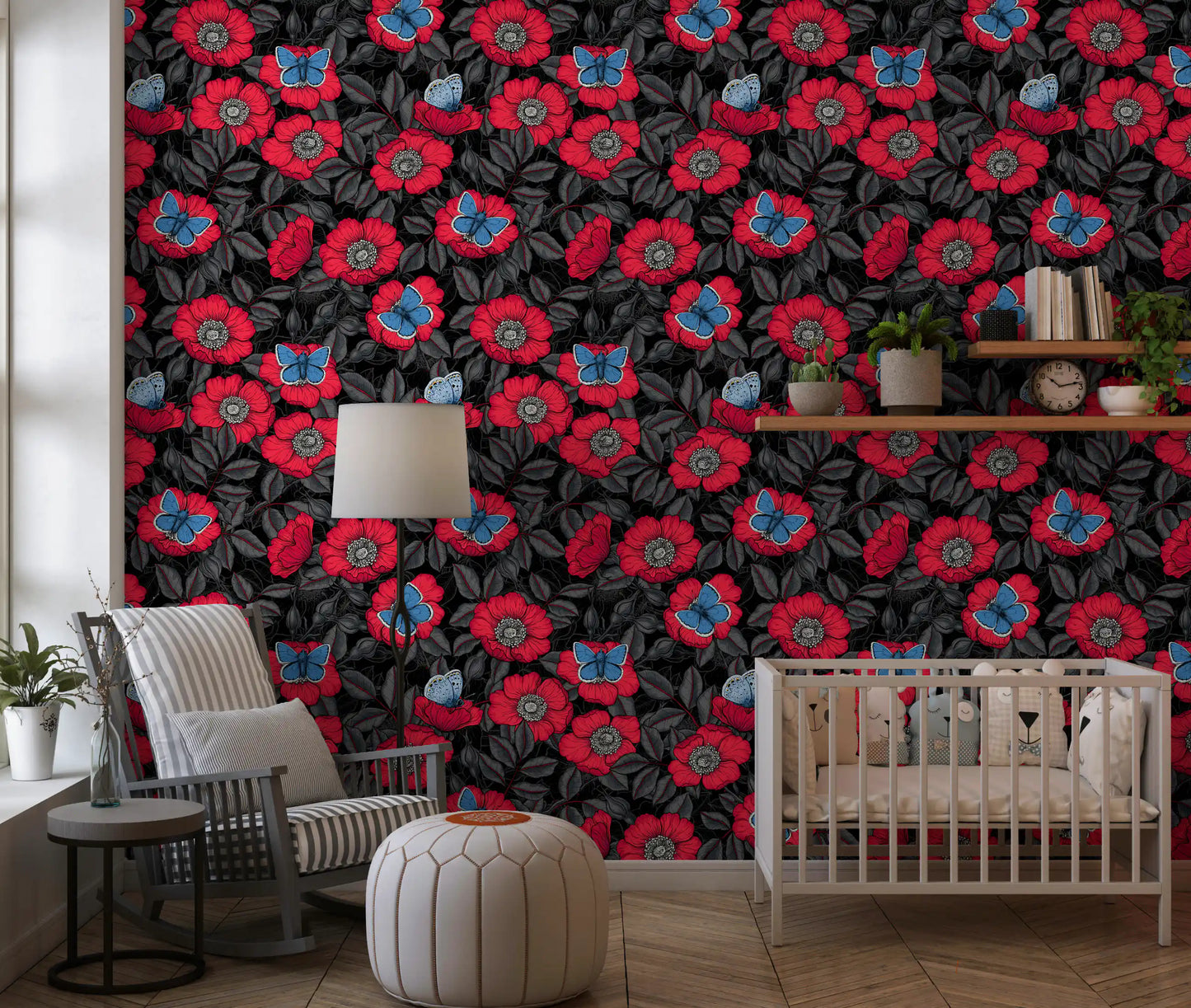 Calm nursery area in red rose and blue butterfly wallpaper