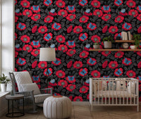 Calm nursery area in red rose and blue butterfly wallpaper