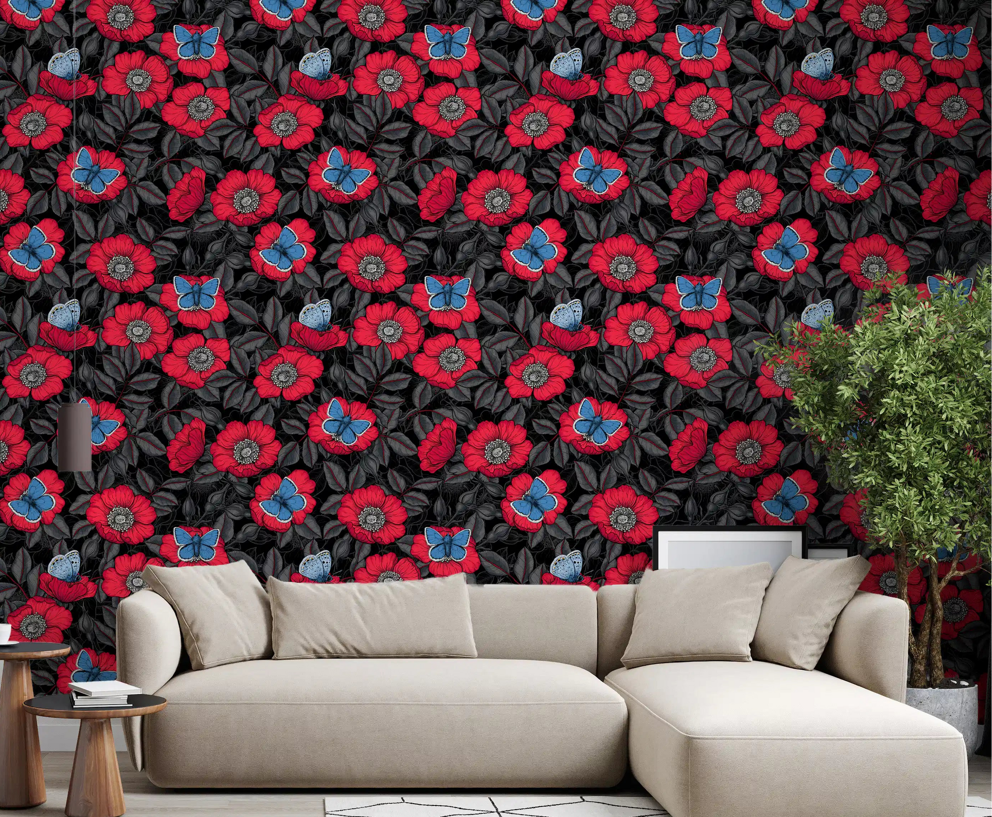 Open lounge feature with red dog rose and blue butterfly wallpaper
