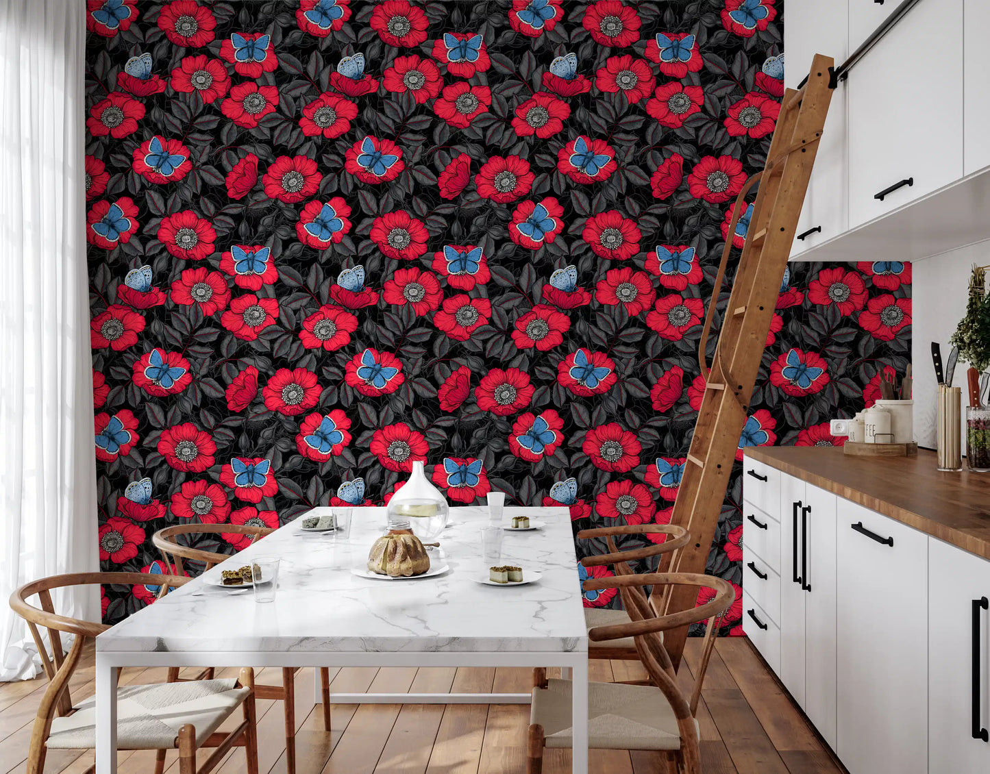 Moody Kitche- dining room paired with red dog rose and butterfly wallpaper