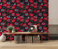 hallway area set against dark botanical dog rose wallpaper