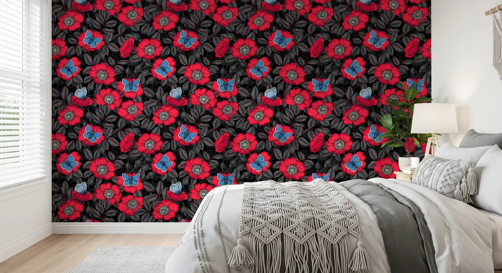 Inked red dog rose and blue butterfly motif on dark charcoal wallpaper