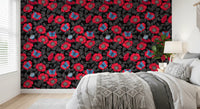 Inked red dog rose and blue butterfly motif on dark charcoal wallpaper