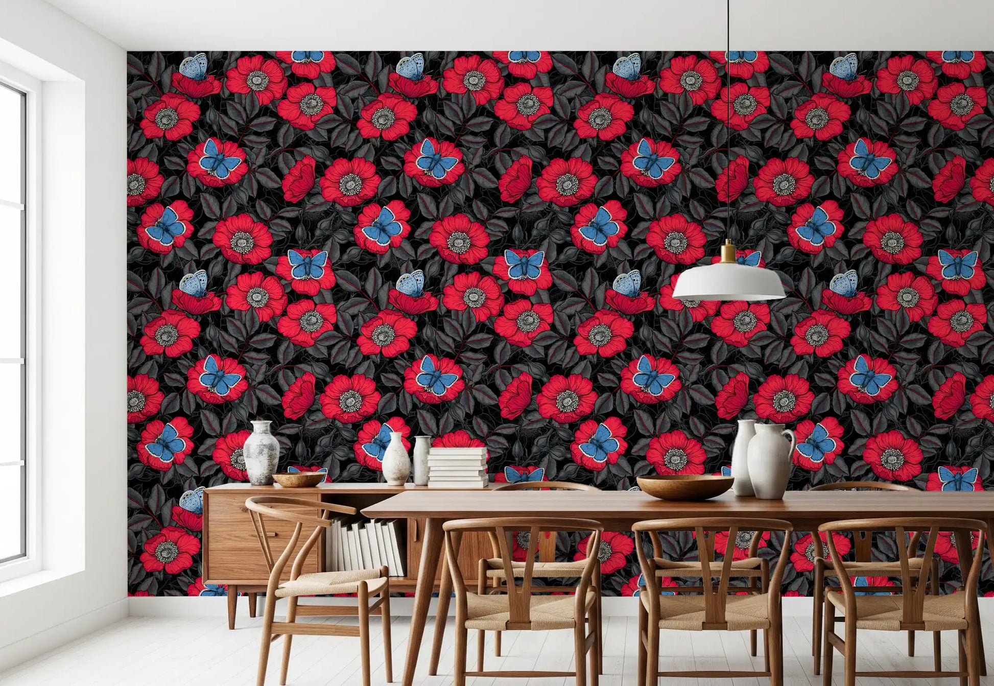 Close pattern view of red roses, butterflies, and veined leaves on wallpaper