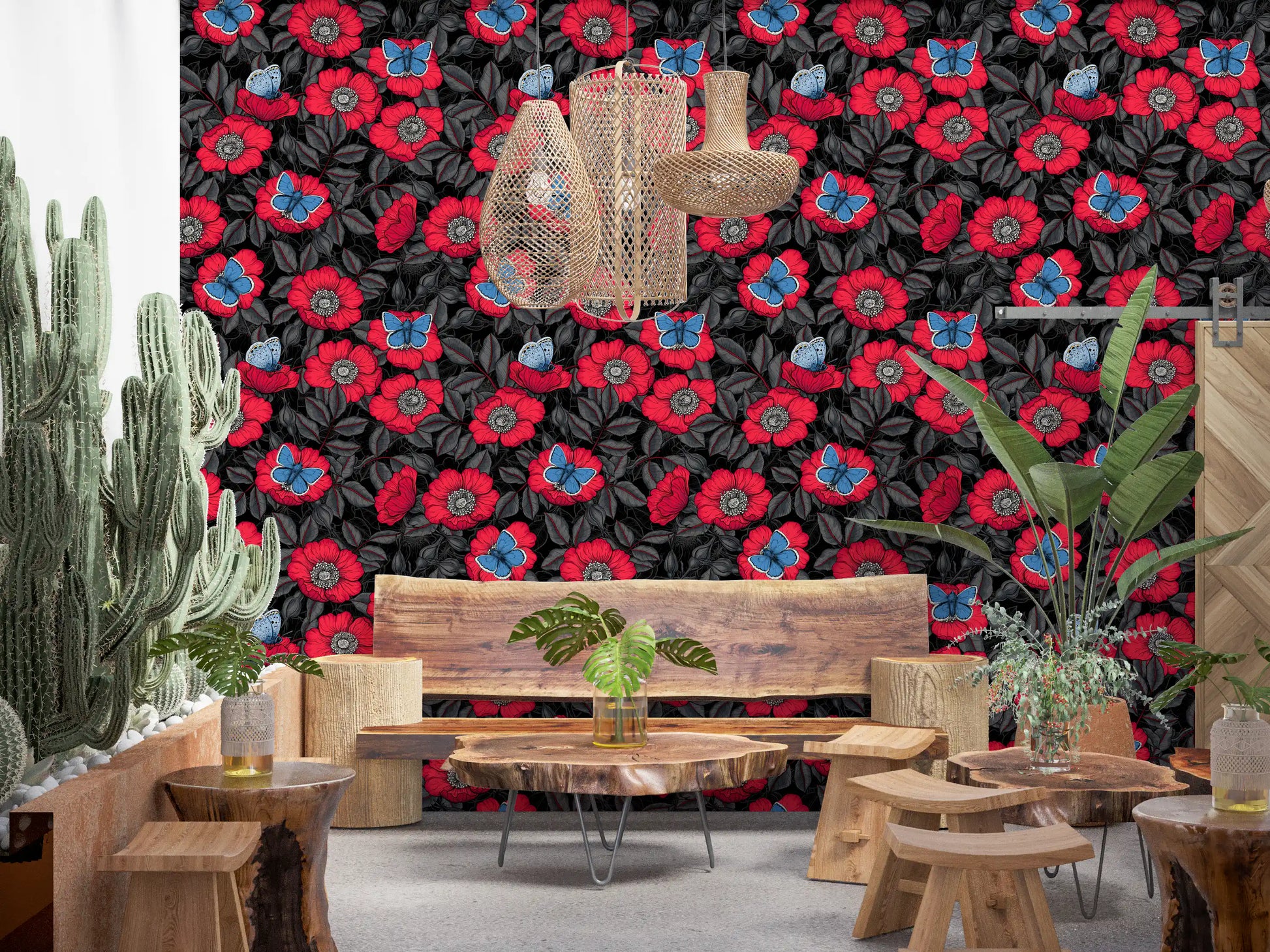 Layered botanical scene of dog roses and butterflies across moody wallpaper