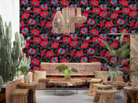 Layered botanical scene of dog roses and butterflies across moody wallpaper