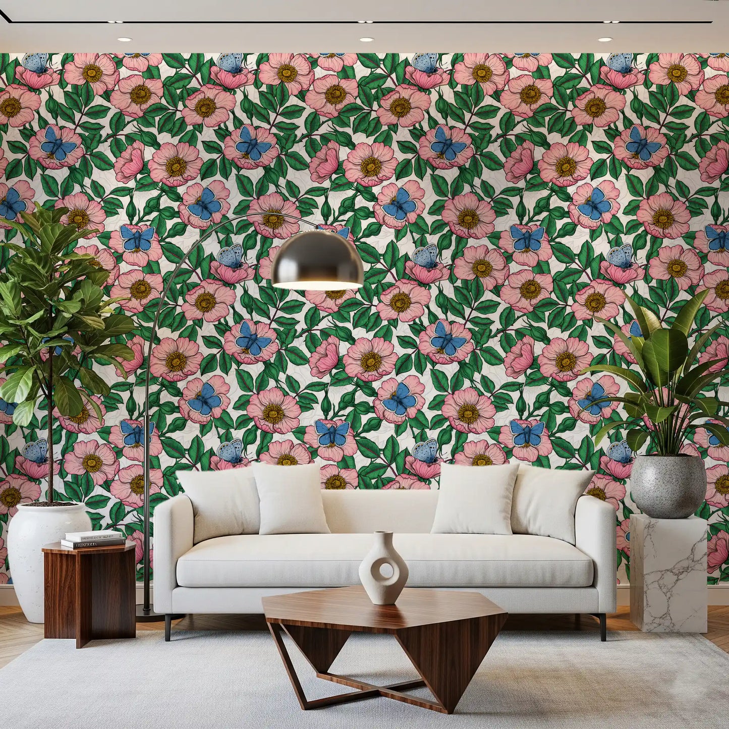 Detailed view of Dog Rose Butterflies wallpaper showing hand-drawn line work
