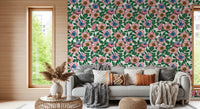 Lounge area featuring Pink Dog Rose Butterflies wallpaper with blue accents