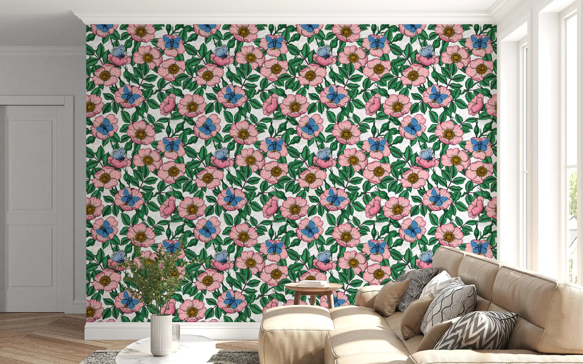 Pink dog rose blooms scattered across Floral Butterflies wallpaper in green tones
