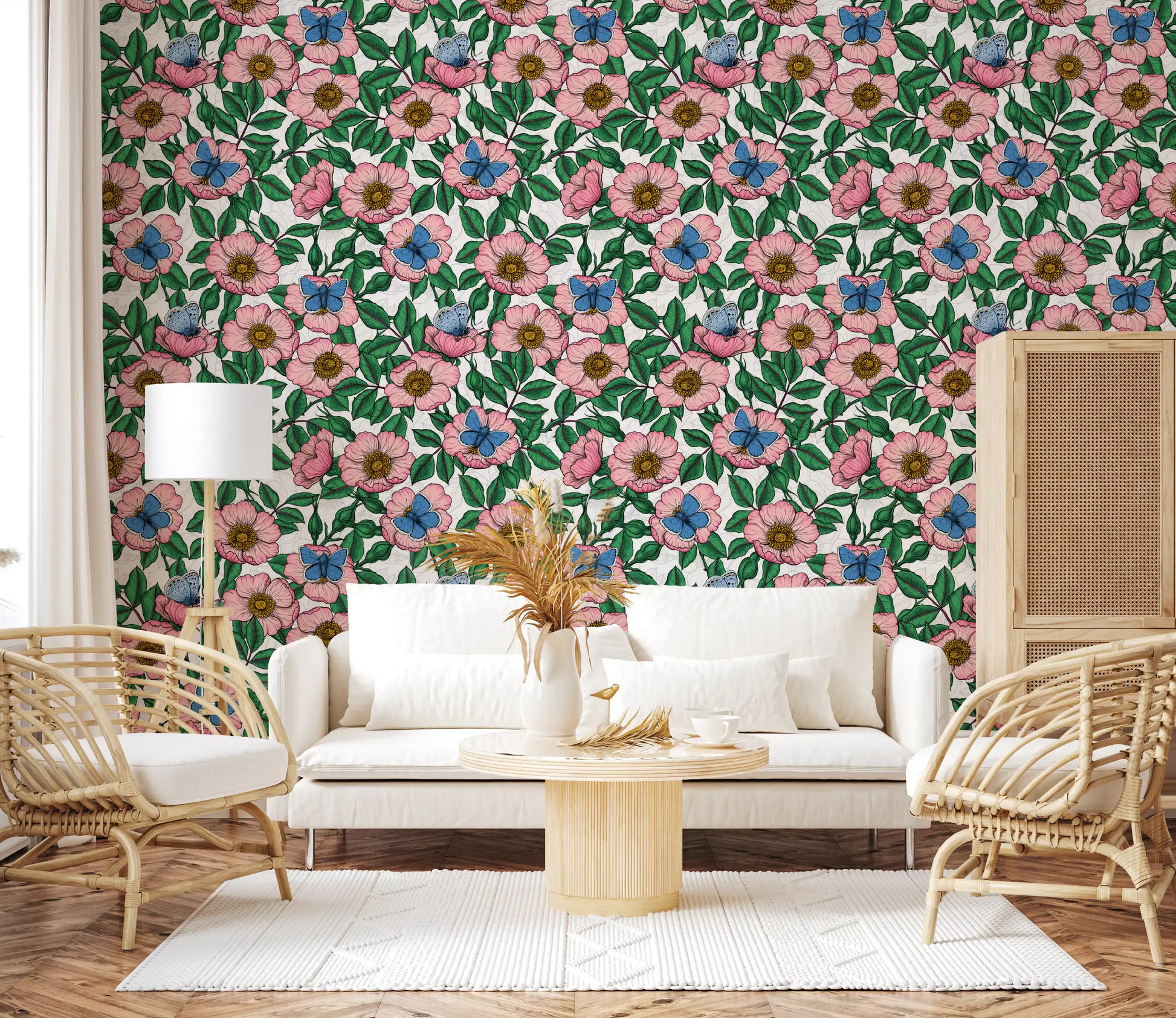 Blue butterflies resting between petals on Pink Dog Rose floral wallpaper