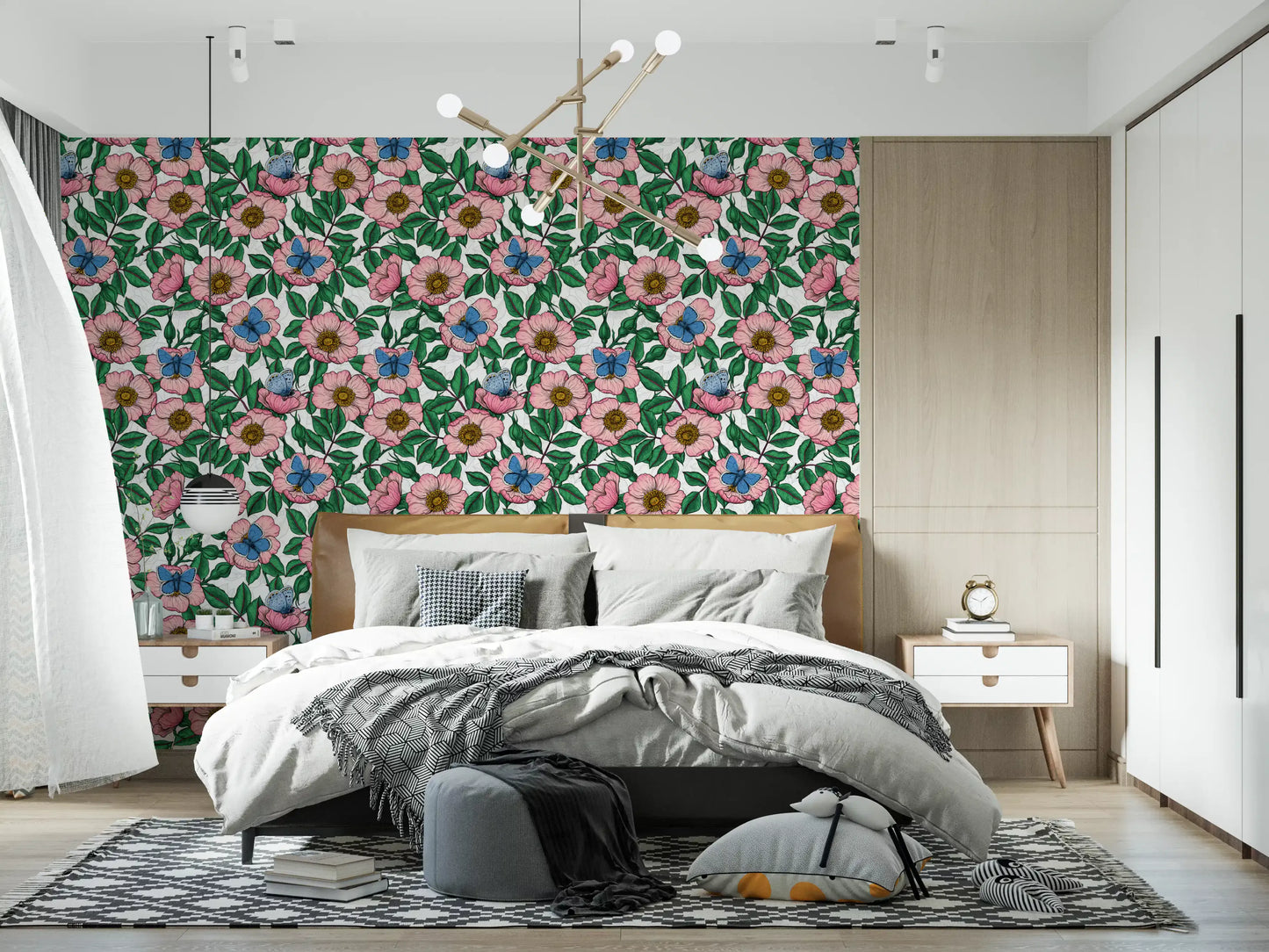 Botanical motifs in Dog Rose Butterflies wallpaper with green leaves