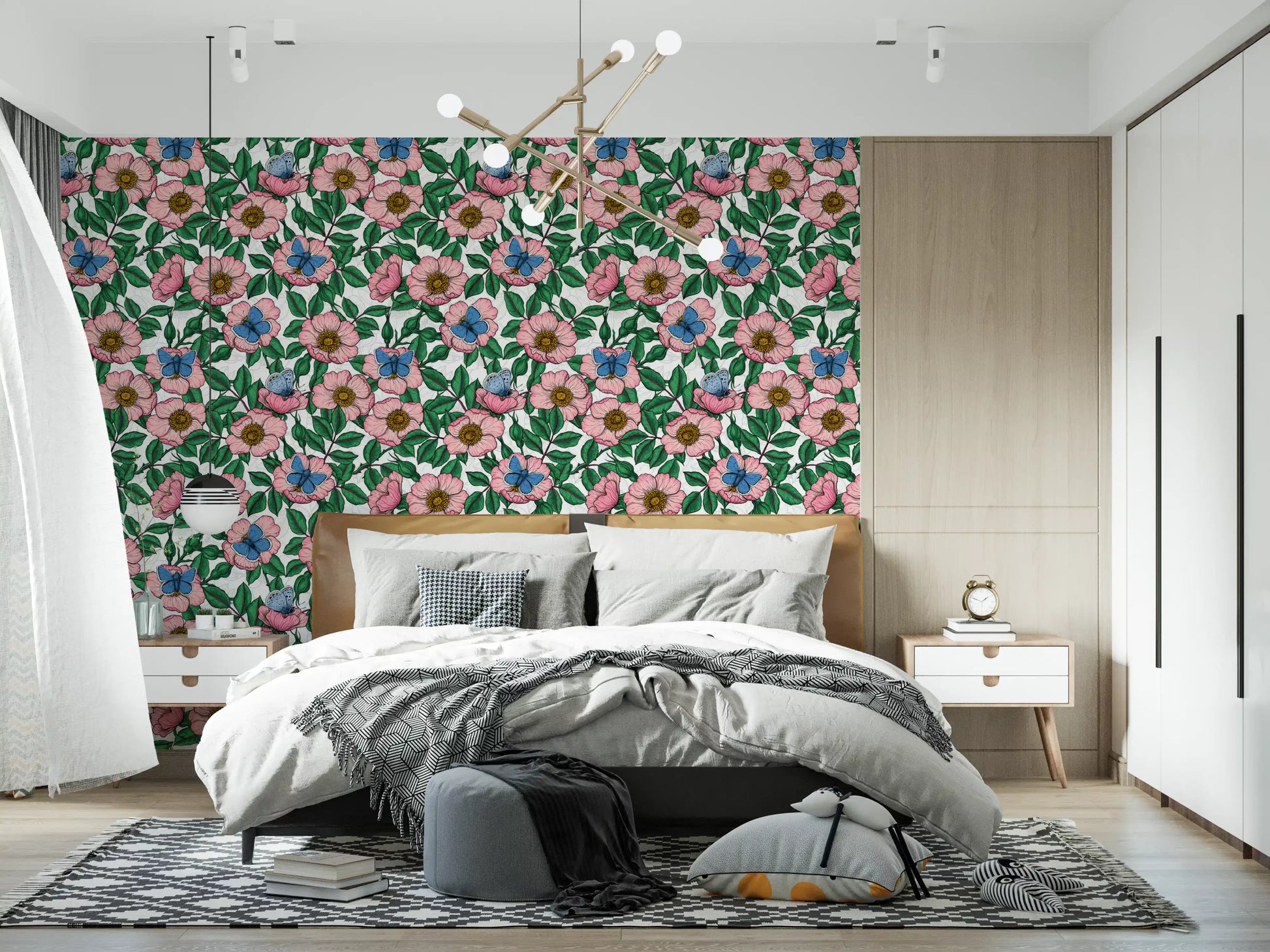 Botanical motifs in Dog Rose Butterflies wallpaper with green leaves