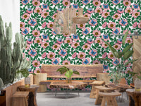 Café and restaurant featuring Dog Rose Butterflies floral wallpaper in pink hues
