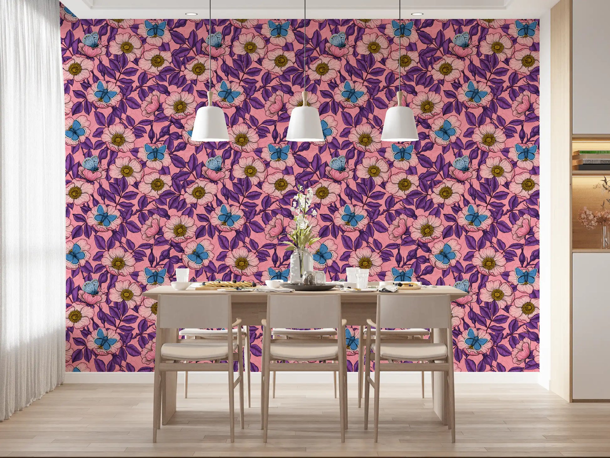 Dining room lit by the dog rose and butterfly wallpaper in pink and purple tones
