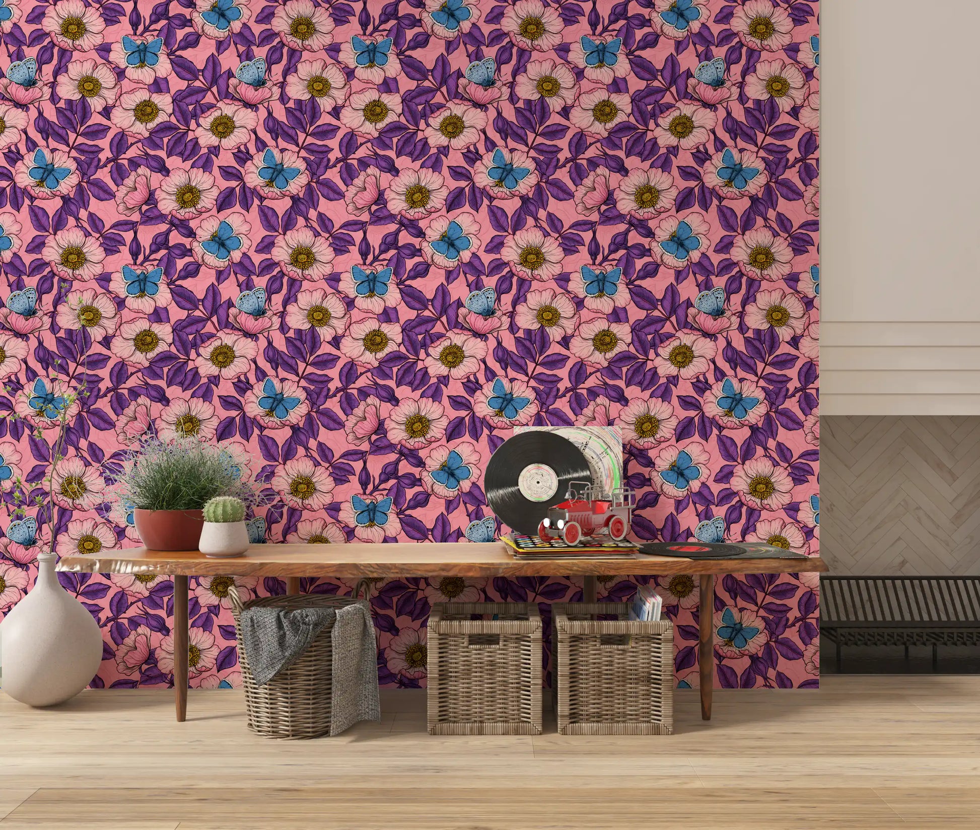 Botanical line illustration shapes the dog rose and butterfly wallpaper into a hand-drawn piece