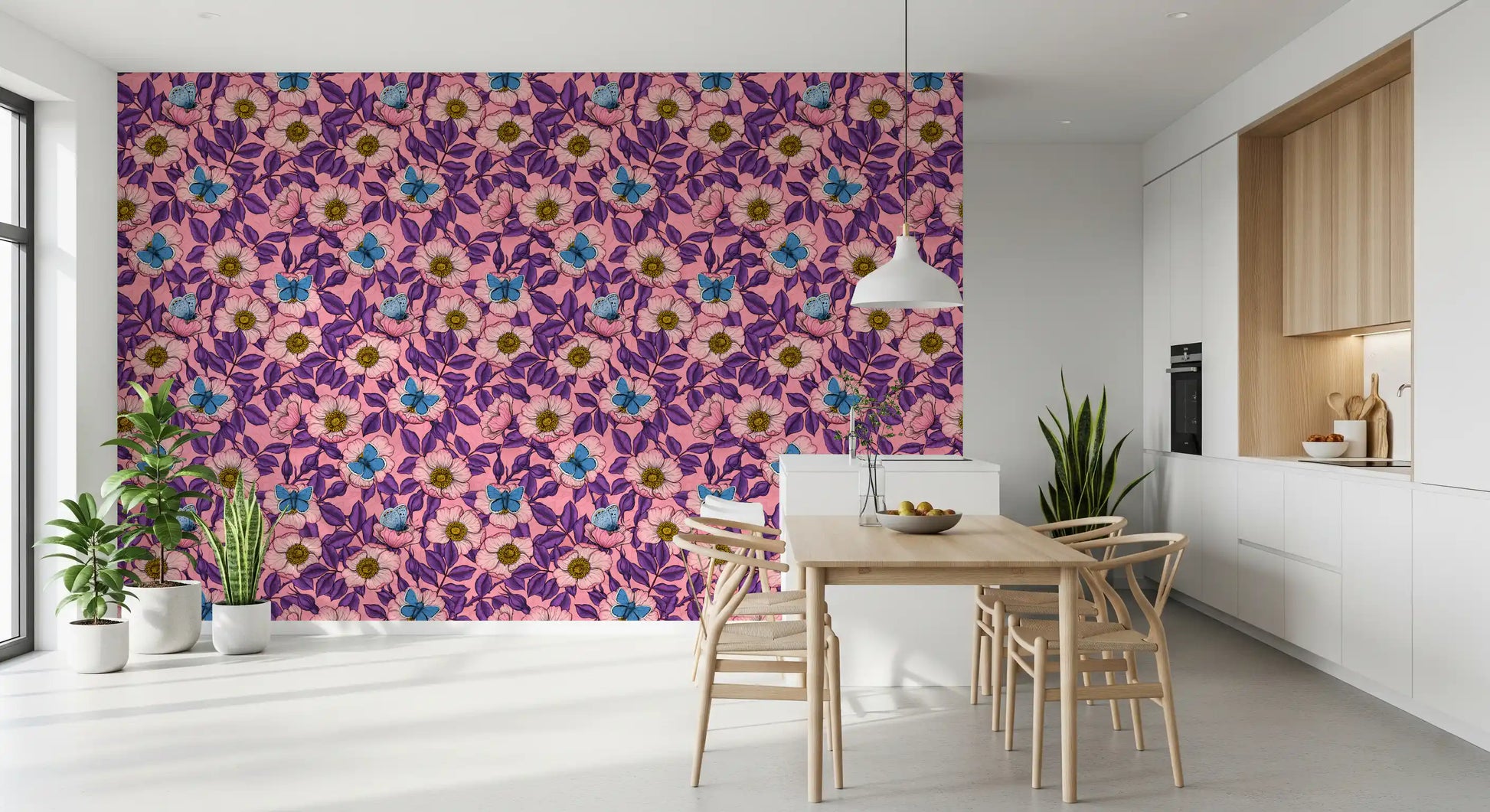 Modern dining nook leans into the dog rose and butterfly wallpaper for floral mood