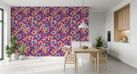 Modern dining nook leans into the dog rose and butterfly wallpaper for floral mood