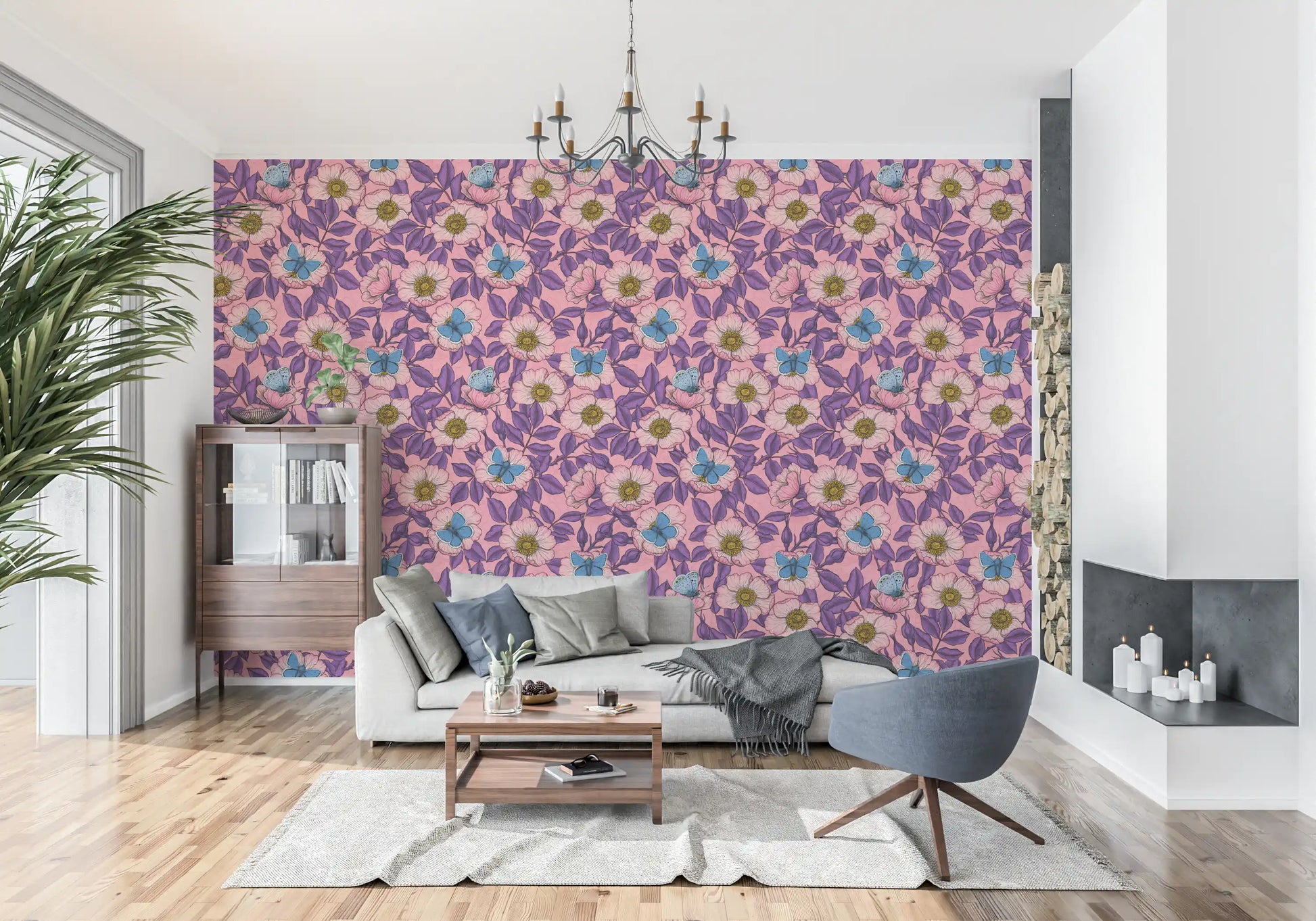 Pink wallpaper of dog roses and butterflies suits a Living room nook in floral mood