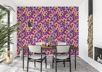 dog rose butterfly wallpaper warms the open Dining room in pink and purple