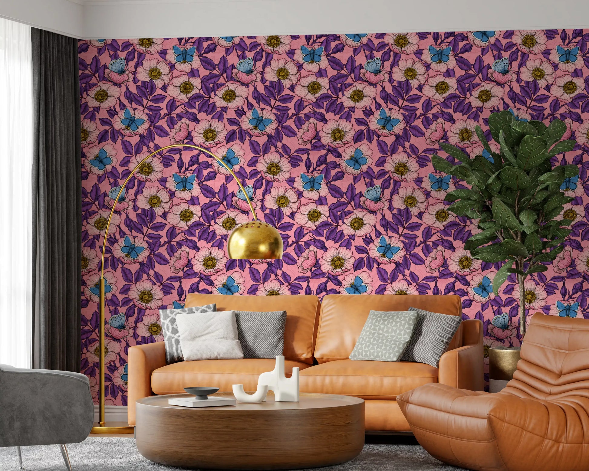A pink ground supports blue butterflies and dog rose blooms in this hand-drawn floral wallpaper