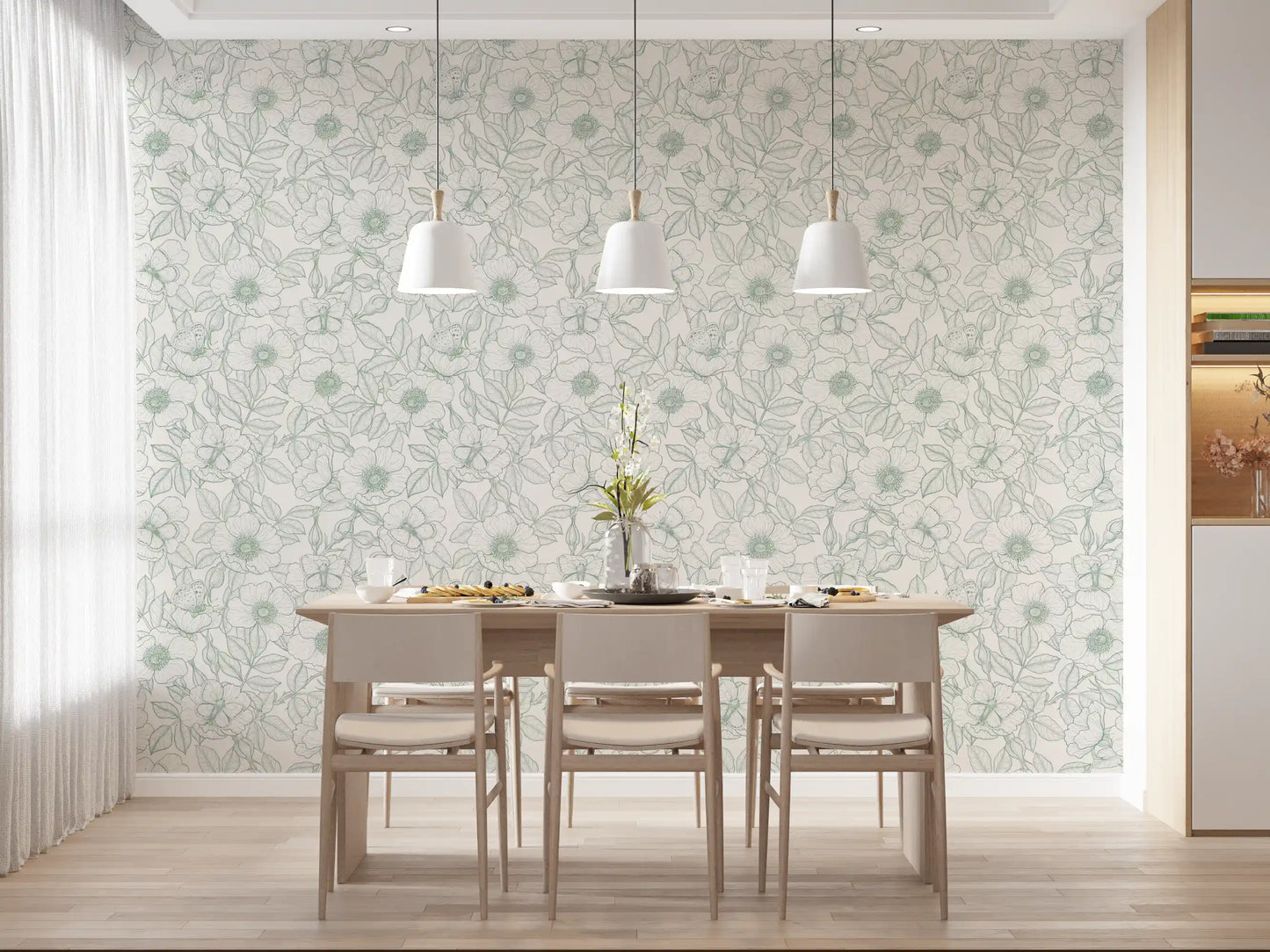 Hundsrose und Schmetterlinge/Sanfte grüne Linienzeichnung Blumenmuster auf Off-White Tapete⁠