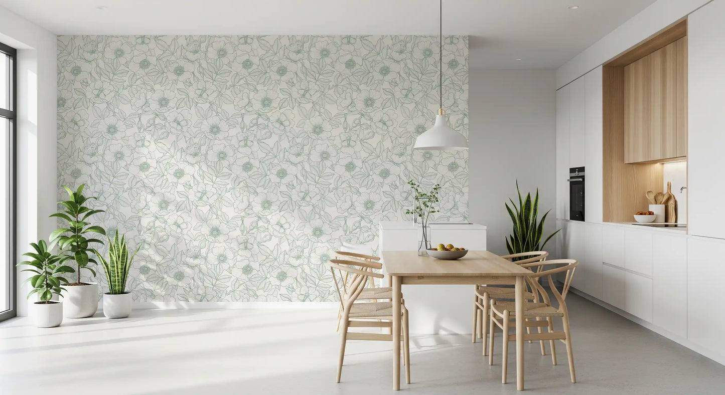 Hundsrose und Schmetterlinge/Sanfte grüne Linienzeichnung Blumenmuster auf Off-White Tapete⁠